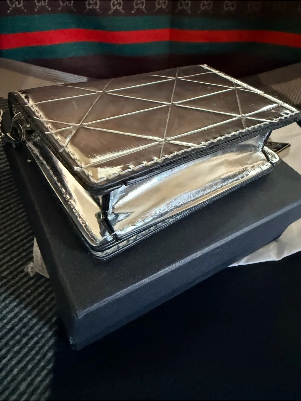 Metallic Silver Quilted Card Holder with Chain Strap